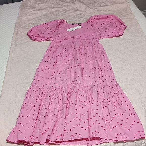 Zara Dresses & Skirts - Zara pink Eyelet Tiered Puff-Sleeve Dress NWT
